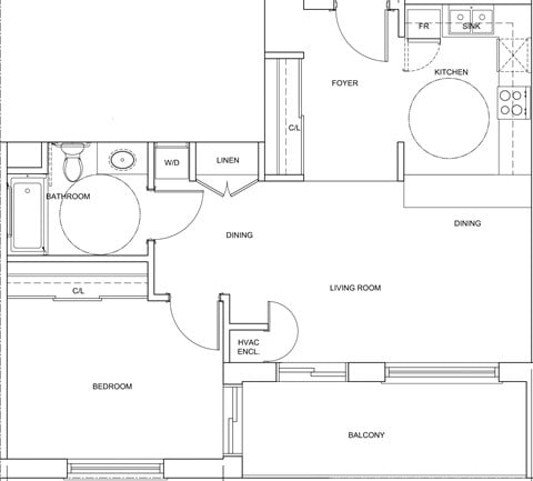 Floor plan for 1 bed, 1 bath, 768 sqft